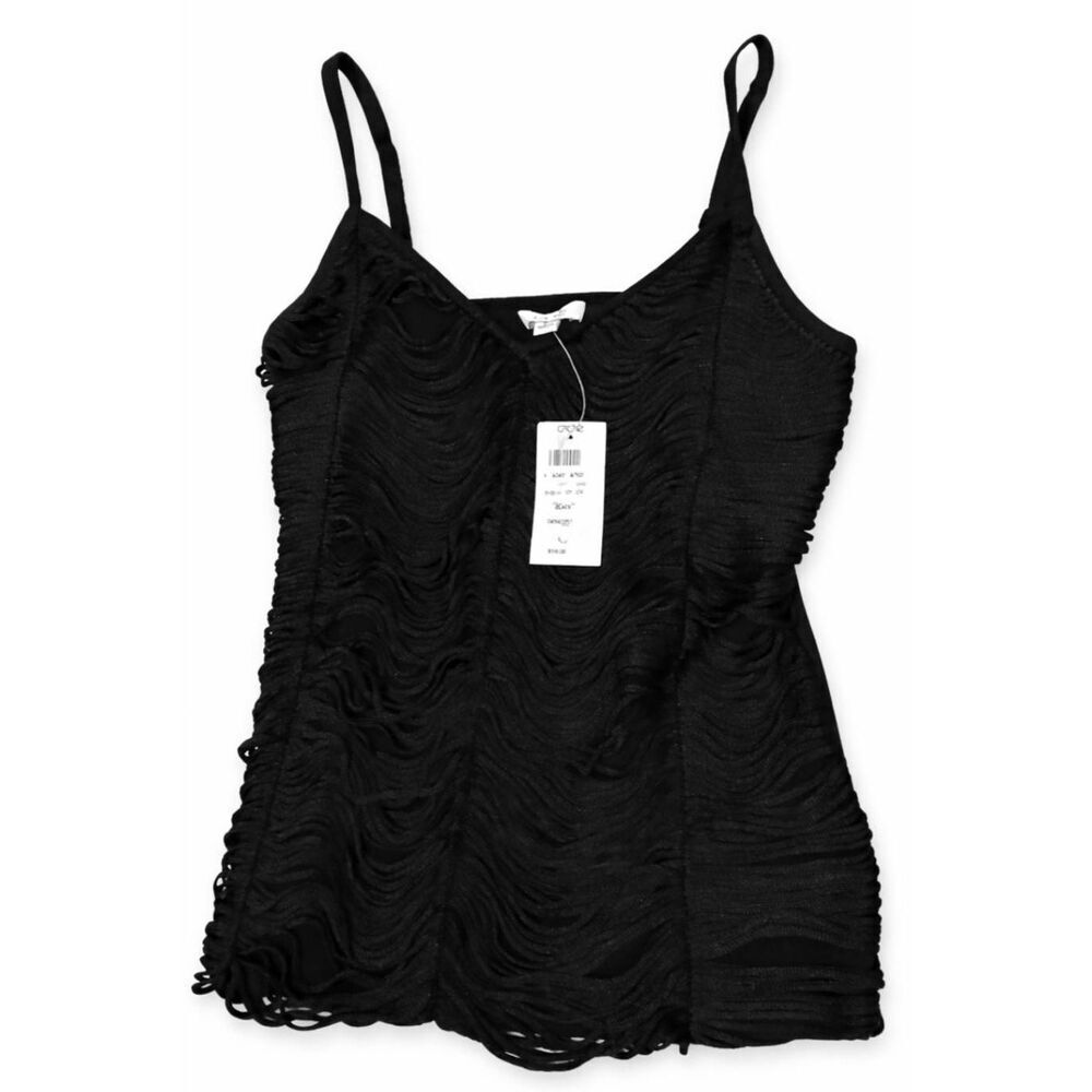 Cache Womens Large Black tank draped top tassel fitted stretch shirt